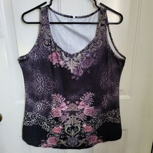 Black Floral with animal print V-neck Tank Top Sz L